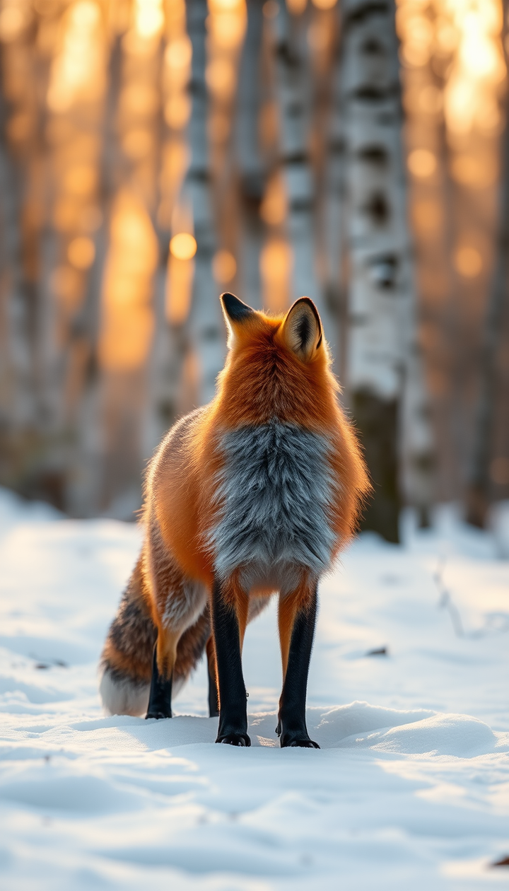 A red fox standing in snow among birch trees, lit from behind by low morning sun.