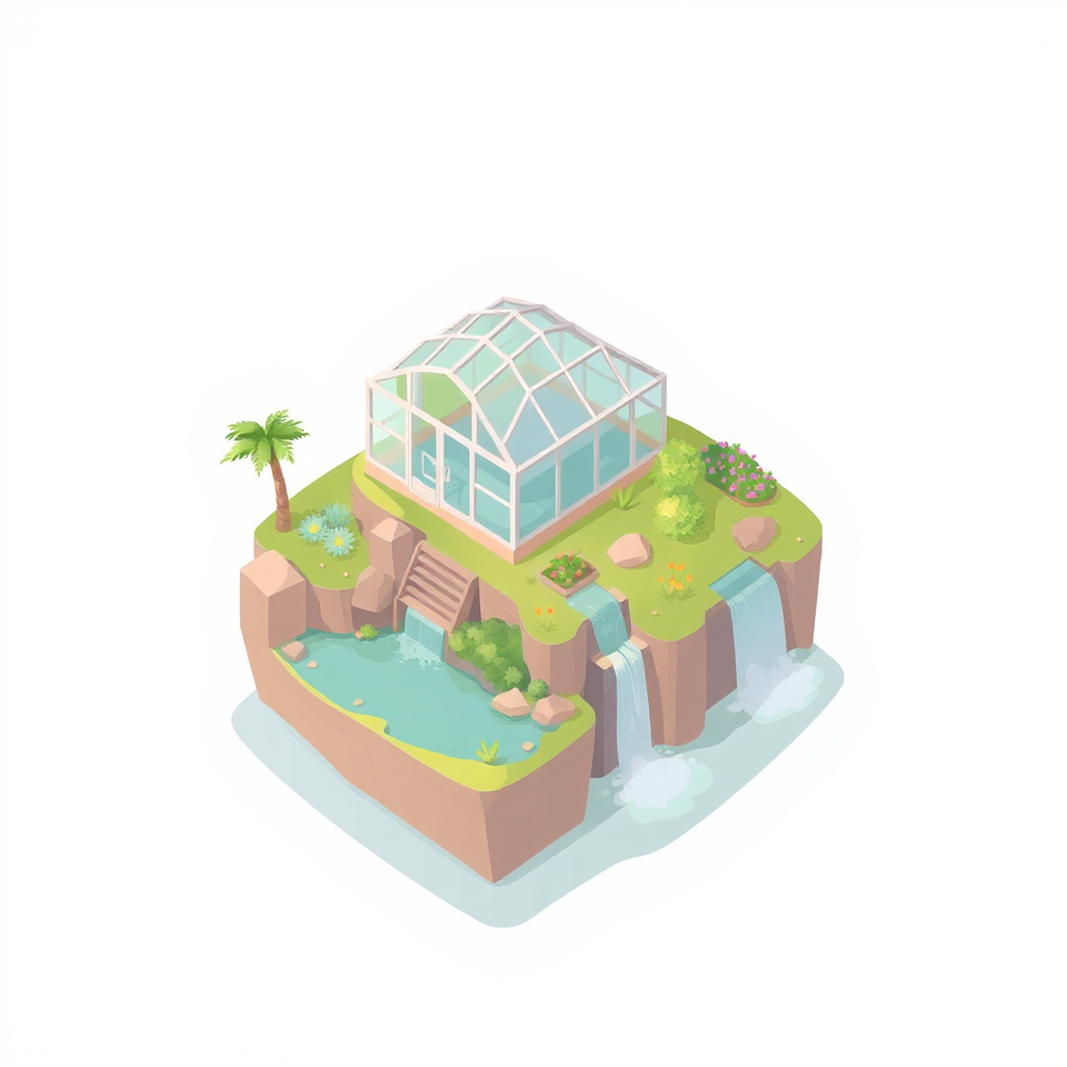 Isometric pastel illustration of a small floating island with a glass greenhouse and a waterfall, on a white background.