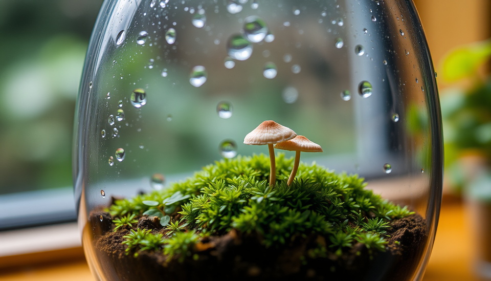 Close-up of moss and two small mushrooms inside a glass terrarium, raindrops on the glass, warm window light behind.