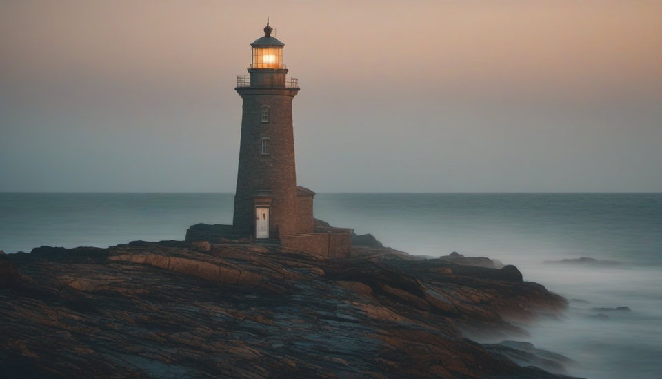A dark lighthouse on a rocky point in misty, muted dawn light. SDXL's take on the same prompt as the first lighthouse.