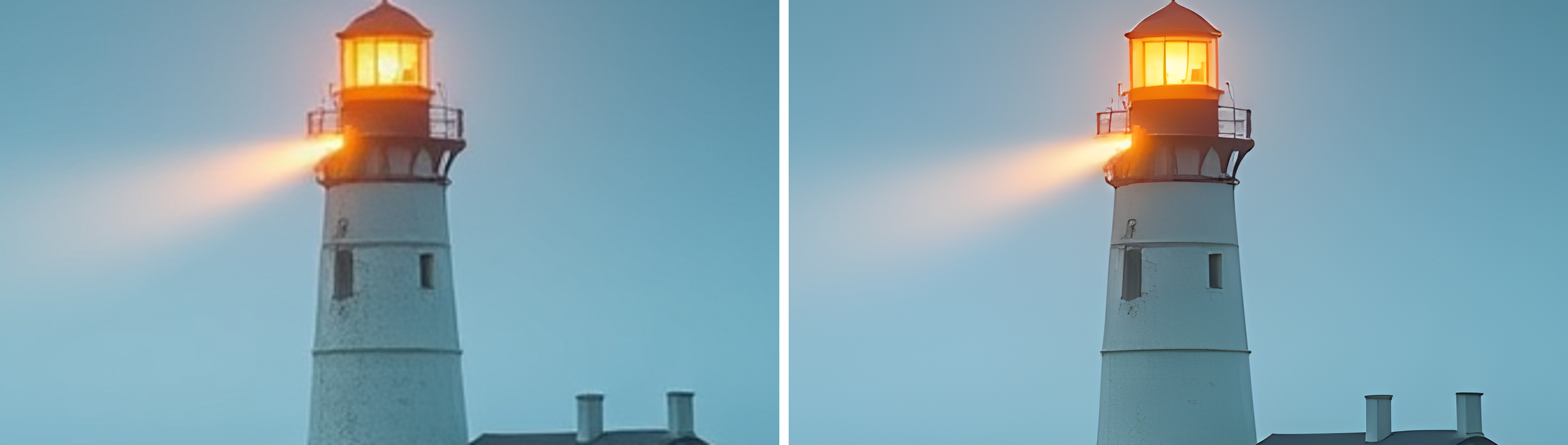 Two crops of the same lighthouse detail side by side. Left: enlarged 4x with ordinary bicubic resizing, grainy and soft. Right: enlarged 4x with Real-ESRGAN, cleaner and smoother.